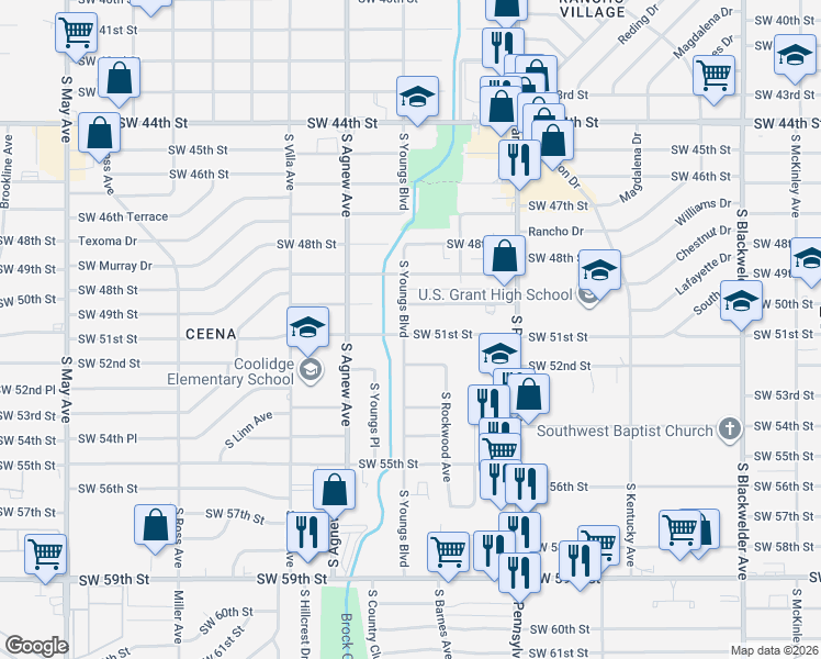 map of restaurants, bars, coffee shops, grocery stores, and more near 5213 South Youngs Boulevard in Oklahoma City