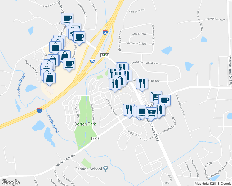 map of restaurants, bars, coffee shops, grocery stores, and more near 5429 Village Drive Northwest in Concord