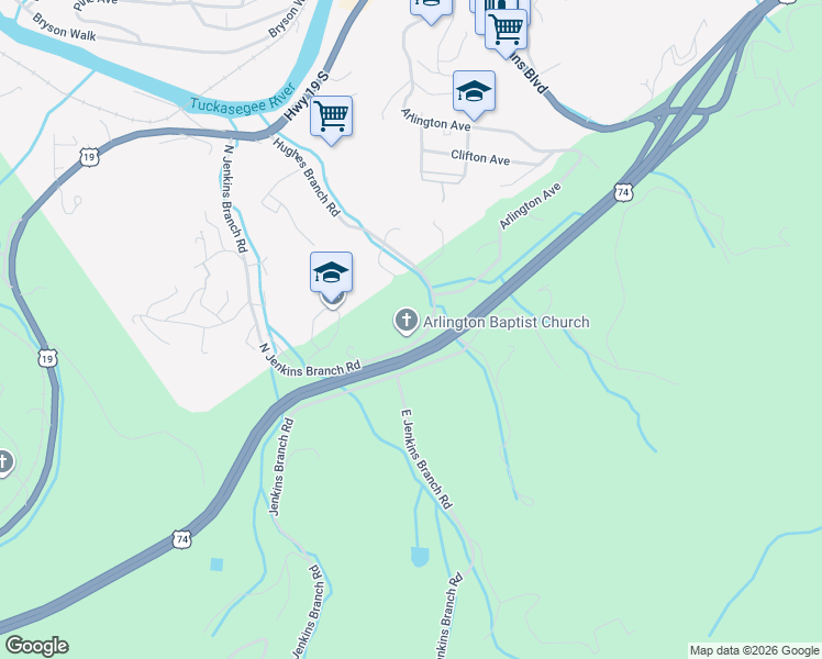 map of restaurants, bars, coffee shops, grocery stores, and more near 664 Hughes Branch Road in Bryson City