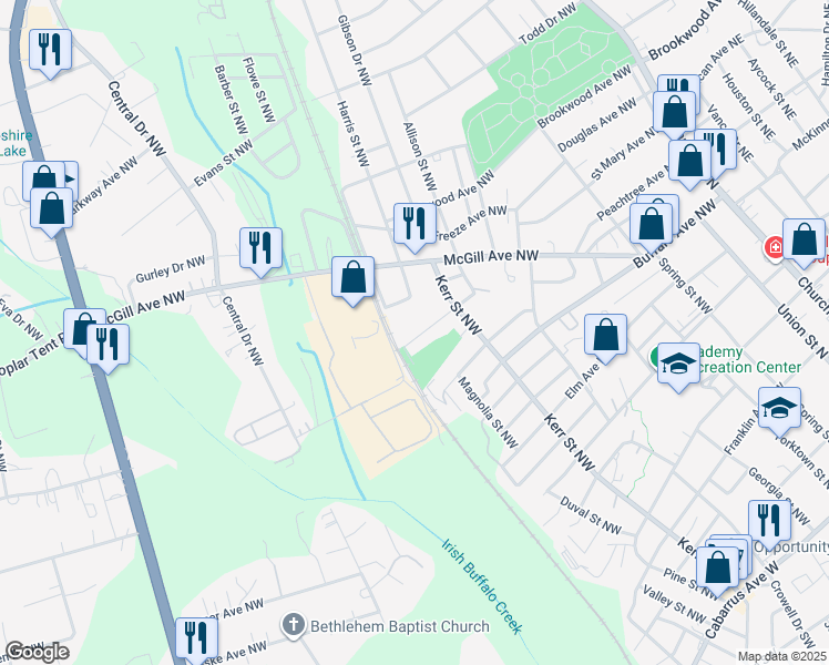map of restaurants, bars, coffee shops, grocery stores, and more near 304 Misenheimer Drive Northwest in Concord