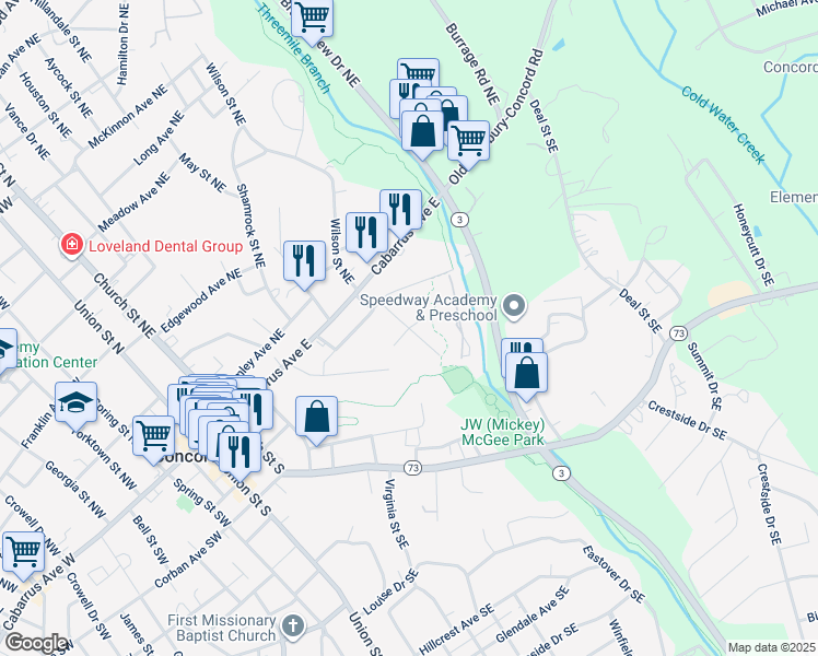 map of restaurants, bars, coffee shops, grocery stores, and more near Ashlyn Drive Southeast in Concord