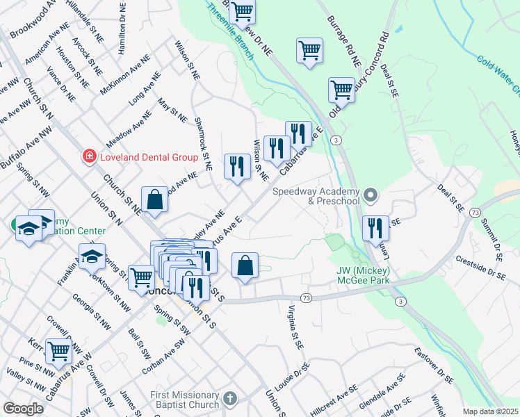map of restaurants, bars, coffee shops, grocery stores, and more near 168 Patterson Avenue Southeast in Concord