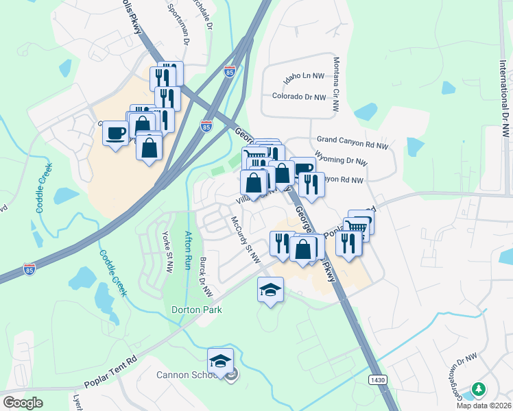 map of restaurants, bars, coffee shops, grocery stores, and more near 5453 Ives Street Northwest in Concord