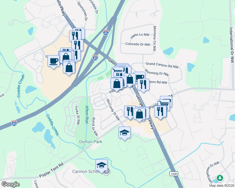 map of restaurants, bars, coffee shops, grocery stores, and more near 5453 Ives Street Northwest in Concord
