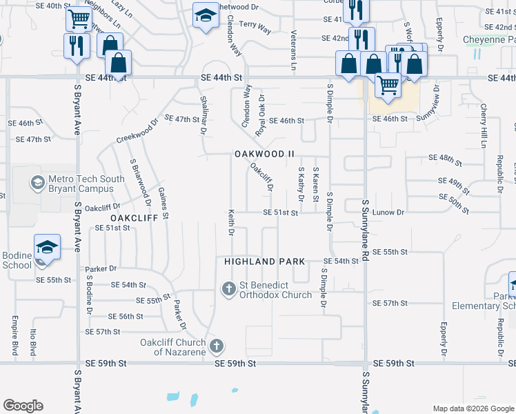 map of restaurants, bars, coffee shops, grocery stores, and more near 3805 Spitz Drive in Oklahoma City