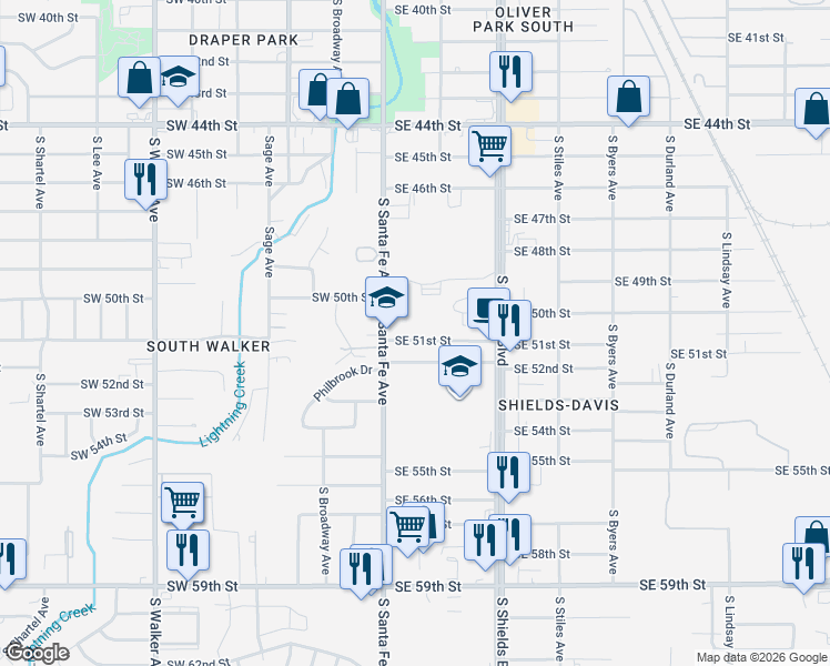 map of restaurants, bars, coffee shops, grocery stores, and more near 9 Southeast 52nd Street in Oklahoma City