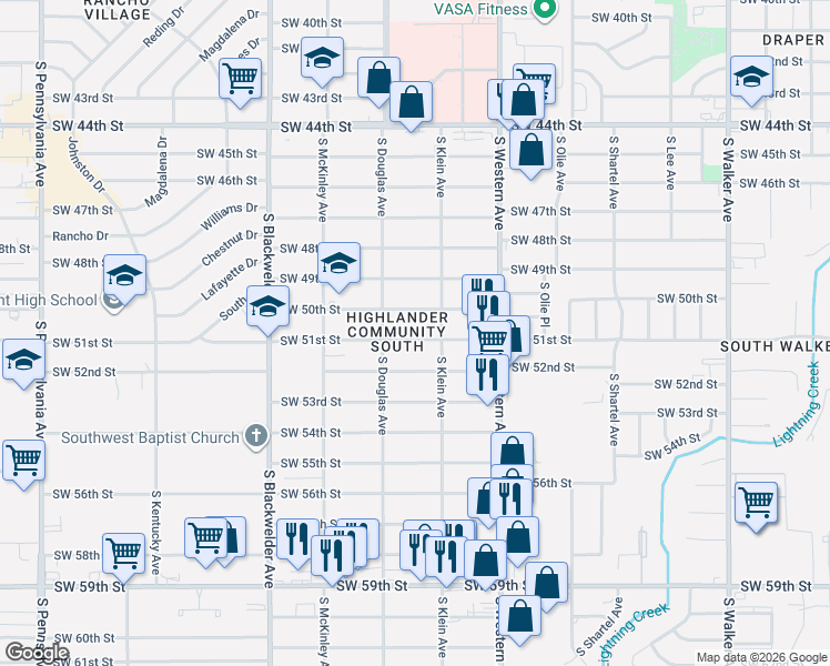 map of restaurants, bars, coffee shops, grocery stores, and more near 1012 Southwest 51st Street in Oklahoma City
