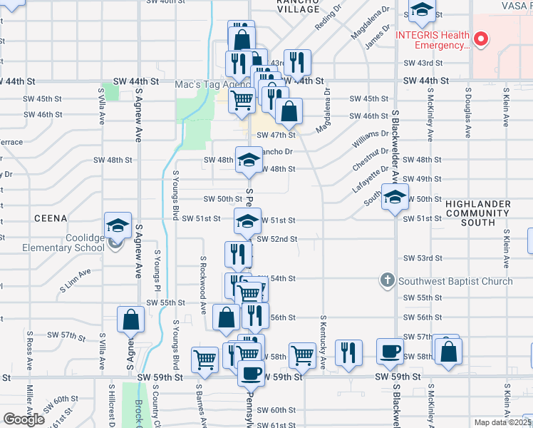 map of restaurants, bars, coffee shops, grocery stores, and more near 1616 Southwest 51st Street in Oklahoma City