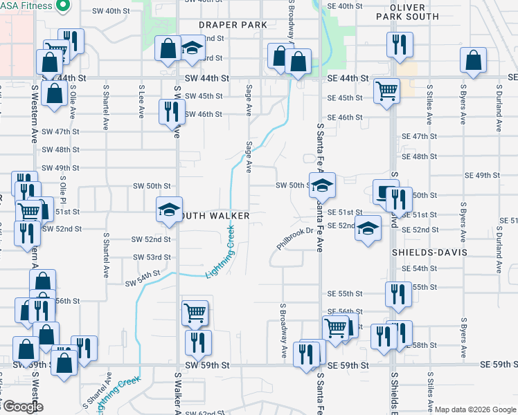 map of restaurants, bars, coffee shops, grocery stores, and more near 5220 South Sage Avenue in Oklahoma City
