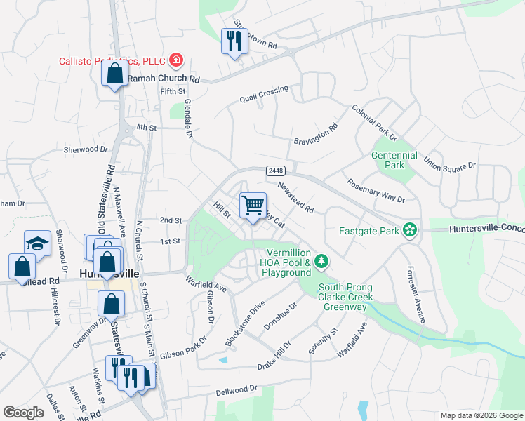 map of restaurants, bars, coffee shops, grocery stores, and more near 13720 Anthea Lane in Huntersville