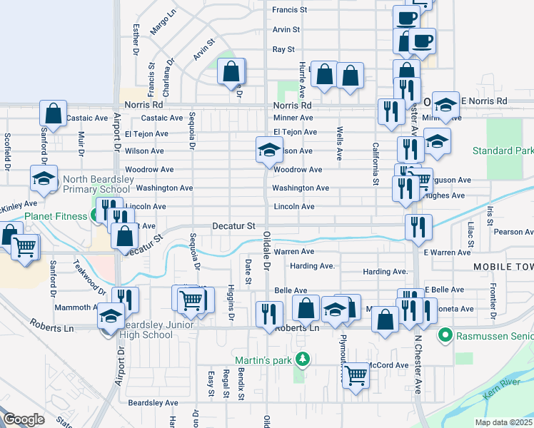 map of restaurants, bars, coffee shops, grocery stores, and more near 811 Oildale Drive in Bakersfield