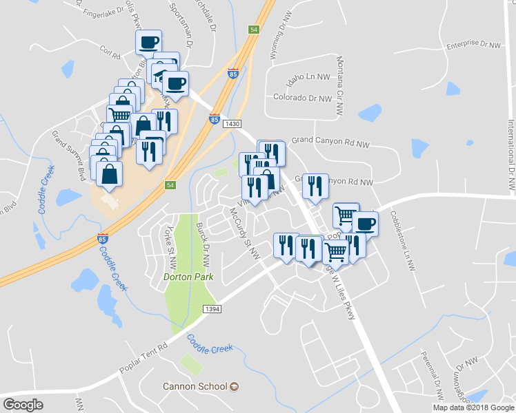 map of restaurants, bars, coffee shops, grocery stores, and more near 5451 Village Drive Northwest in Concord