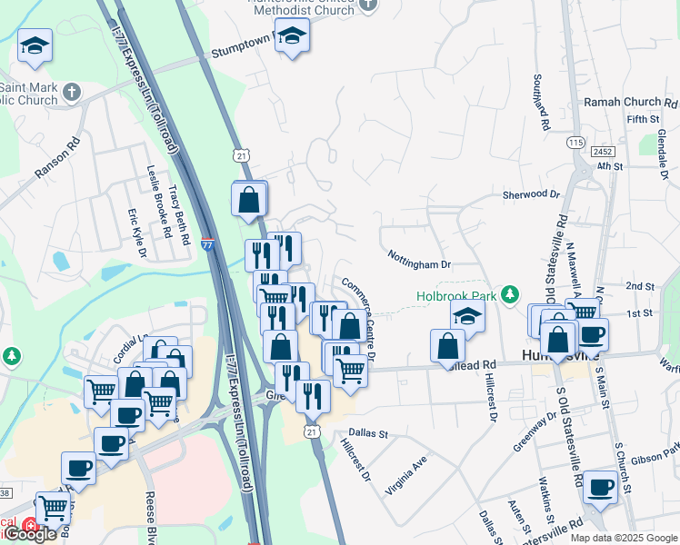 map of restaurants, bars, coffee shops, grocery stores, and more near 350 Commerce Centre Drive in Huntersville