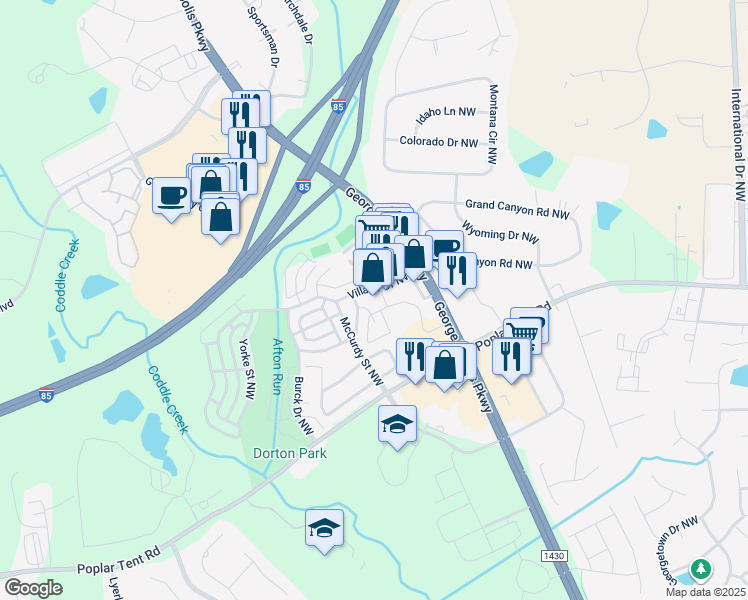 map of restaurants, bars, coffee shops, grocery stores, and more near 5451 Village Drive Northwest in Concord