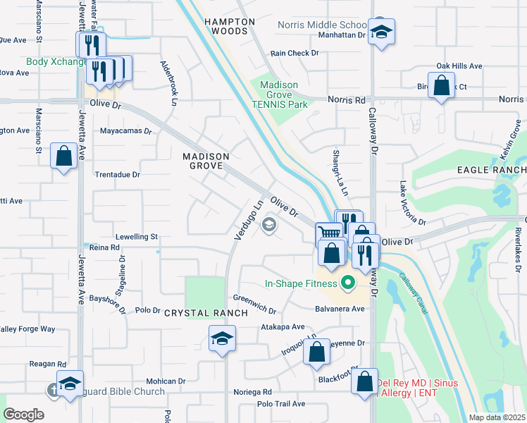 map of restaurants, bars, coffee shops, grocery stores, and more near 5915 Royalston Falls Drive in Bakersfield