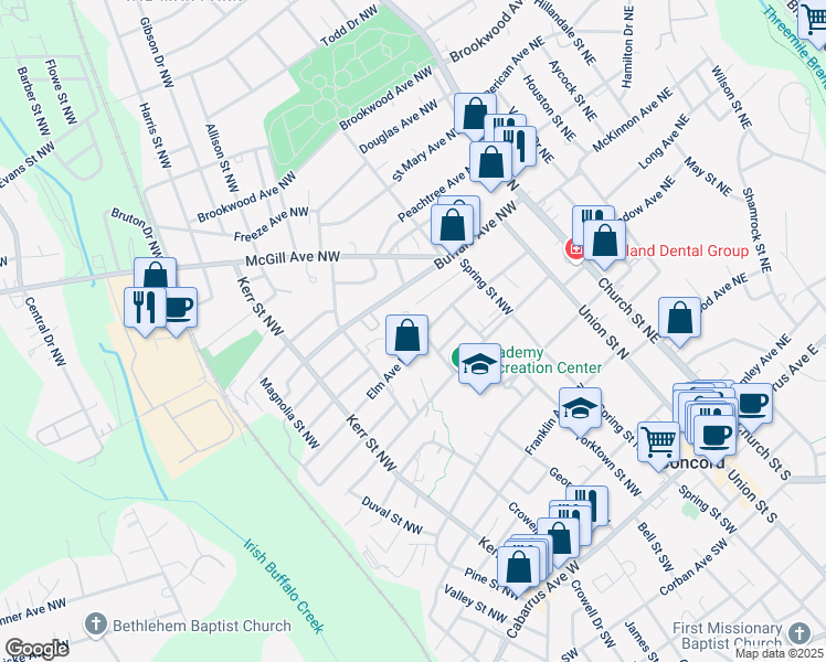 map of restaurants, bars, coffee shops, grocery stores, and more near 145 Elm Avenue Northwest in Concord