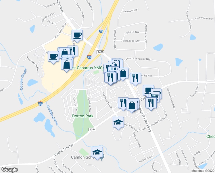 map of restaurants, bars, coffee shops, grocery stores, and more near 5395 Village Drive Northwest in Concord