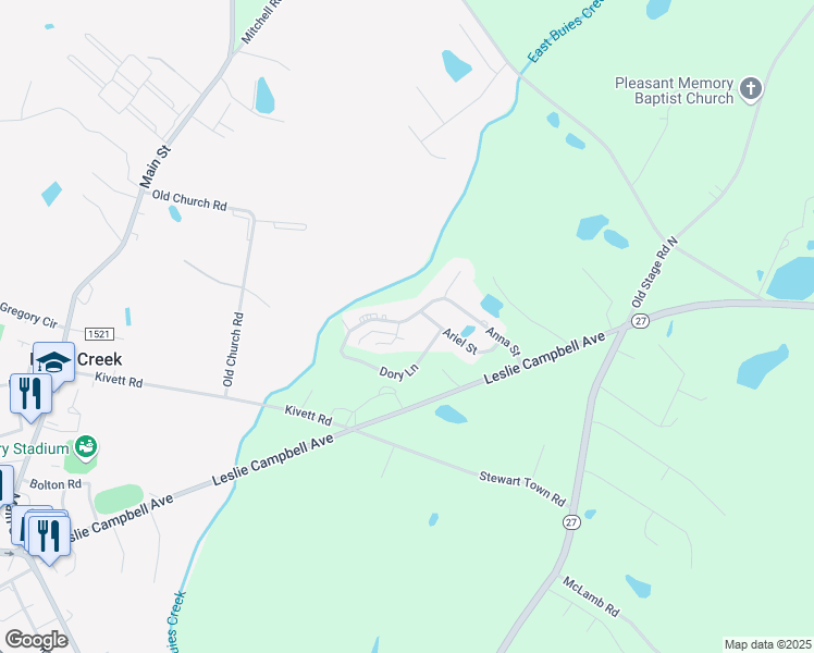 map of restaurants, bars, coffee shops, grocery stores, and more near 325 Anna Street in Lillington