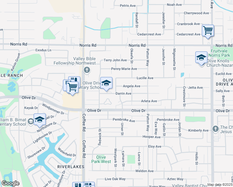 map of restaurants, bars, coffee shops, grocery stores, and more near 7800 Darrin Avenue in Bakersfield