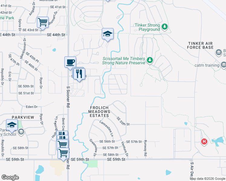 map of restaurants, bars, coffee shops, grocery stores, and more near 5900 Southeast 48th Street in Oklahoma City
