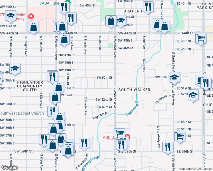 map of restaurants, bars, coffee shops, grocery stores, and more near 5121 South Dewey Avenue in Oklahoma City
