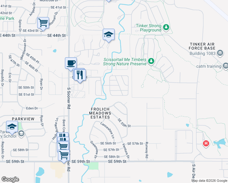 map of restaurants, bars, coffee shops, grocery stores, and more near 5900 Southeast 48th Street in Oklahoma City