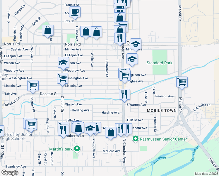 map of restaurants, bars, coffee shops, grocery stores, and more near 202 Lincoln Avenue in Bakersfield
