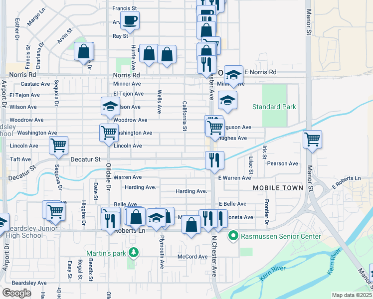 map of restaurants, bars, coffee shops, grocery stores, and more near 202 Lincoln Avenue in Bakersfield