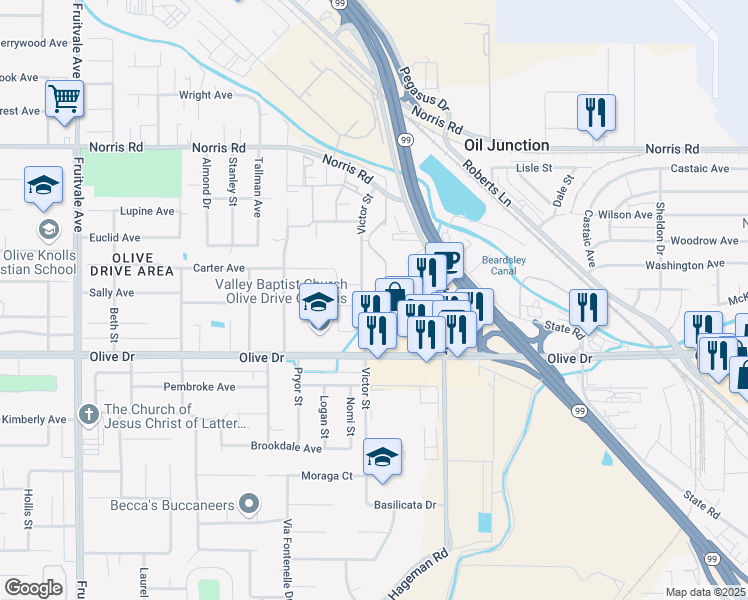 map of restaurants, bars, coffee shops, grocery stores, and more near 6200 Victor Street in Bakersfield