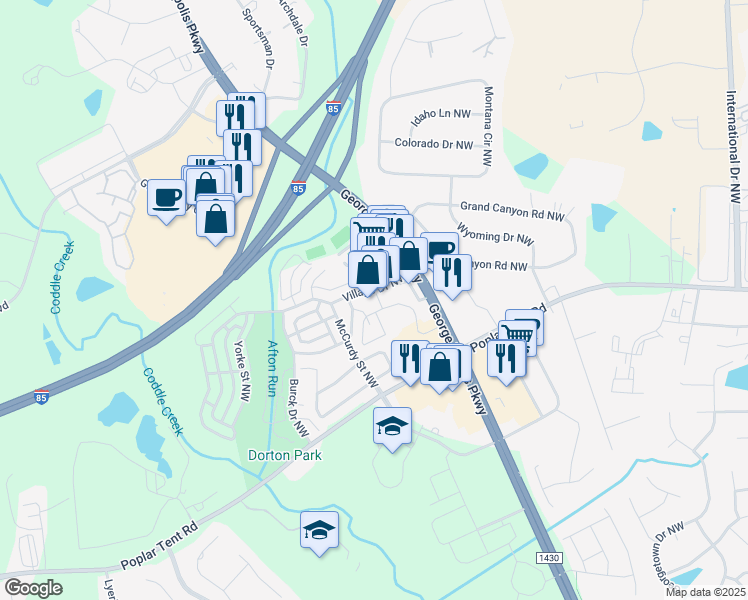map of restaurants, bars, coffee shops, grocery stores, and more near 355 John Galt Way Northwest in Concord