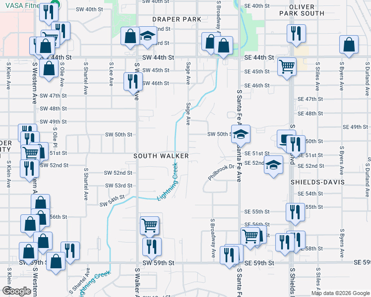 map of restaurants, bars, coffee shops, grocery stores, and more near 124 Southwest 50th Street in Oklahoma City