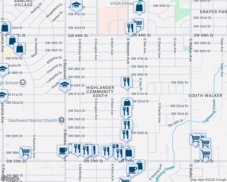 map of restaurants, bars, coffee shops, grocery stores, and more near 1009 Southwest 50th Street in Oklahoma City