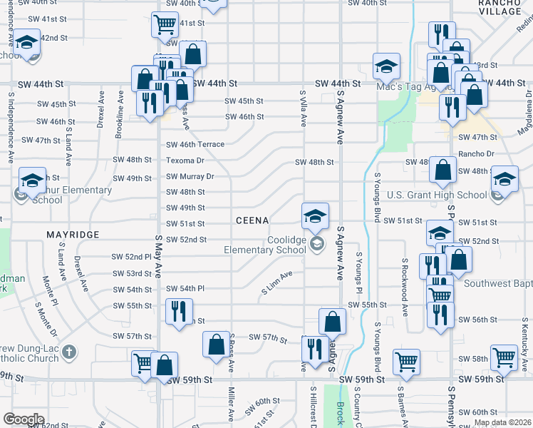 map of restaurants, bars, coffee shops, grocery stores, and more near 2544 Southwest 49th Street in Oklahoma City