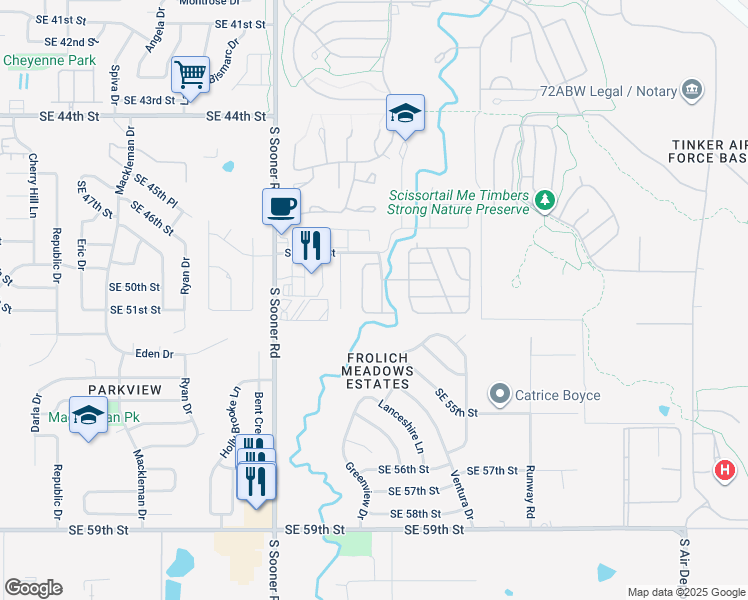 map of restaurants, bars, coffee shops, grocery stores, and more near 5209 Tinker Road in Oklahoma City
