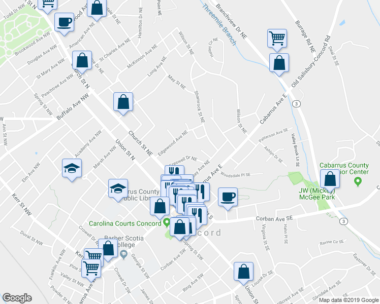 map of restaurants, bars, coffee shops, grocery stores, and more near 89 Creswell Drive Northeast in Concord