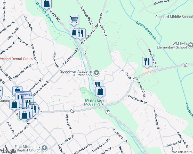 map of restaurants, bars, coffee shops, grocery stores, and more near 205 Branchview Drive Southeast in Concord