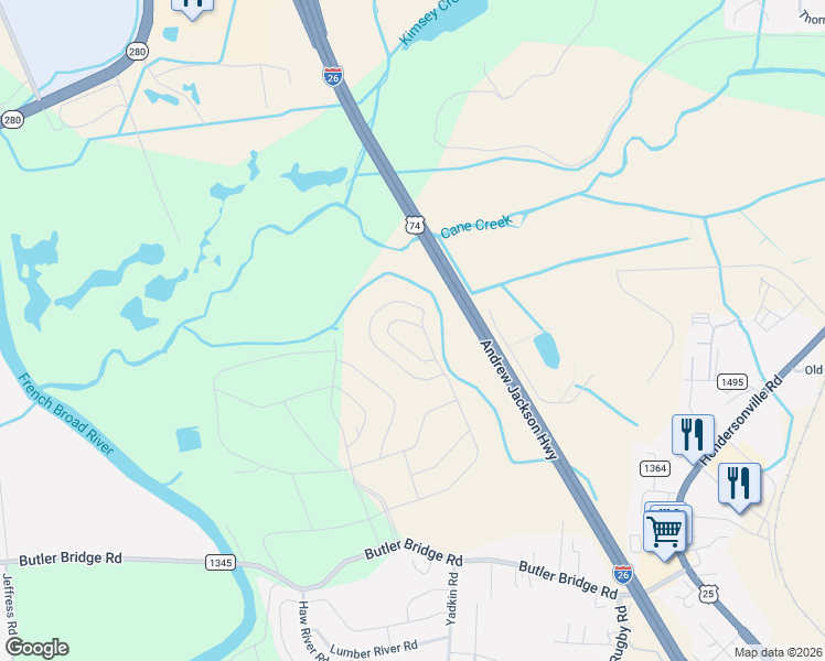 map of restaurants, bars, coffee shops, grocery stores, and more near Interstate 26 in Fletcher