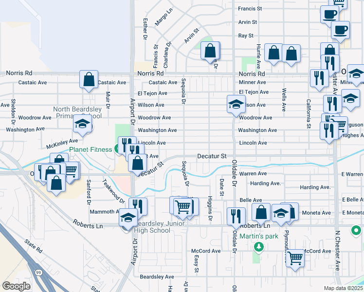 map of restaurants, bars, coffee shops, grocery stores, and more near 701 Lincoln Avenue in Bakersfield