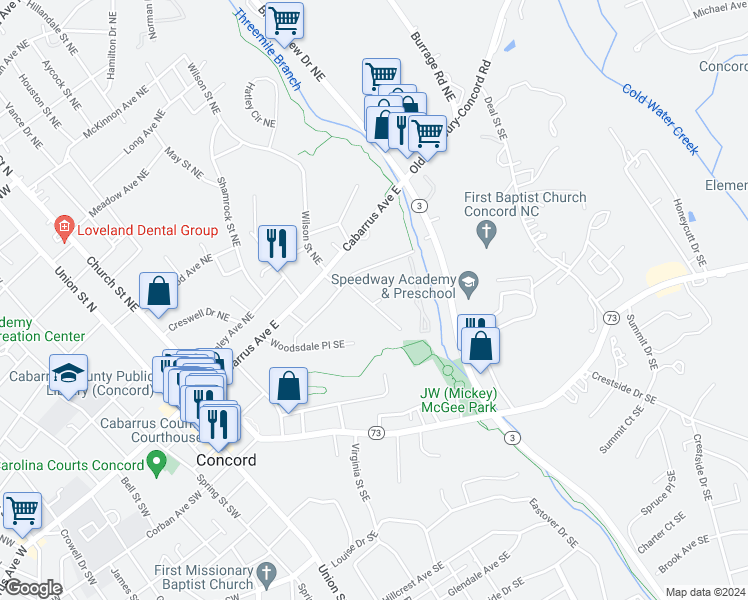 map of restaurants, bars, coffee shops, grocery stores, and more near 57 Ashlyn Drive Southeast in Concord