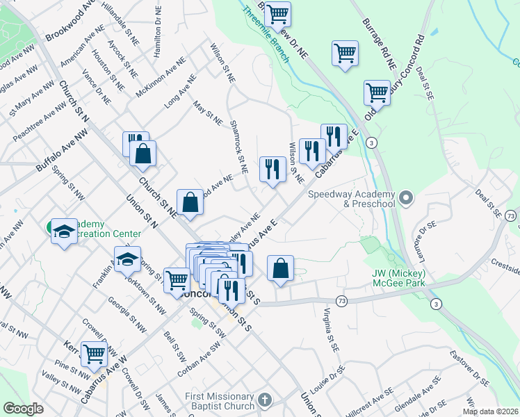 map of restaurants, bars, coffee shops, grocery stores, and more near 50 Shamrock Street Northeast in Concord