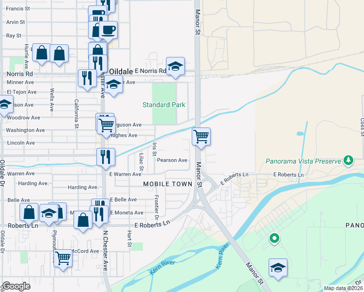 map of restaurants, bars, coffee shops, grocery stores, and more near 828 Iris Street in Bakersfield