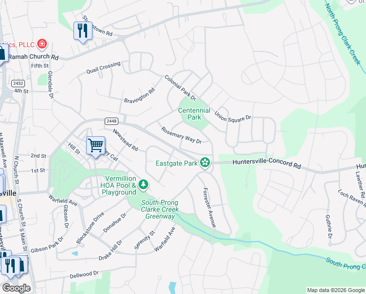 map of restaurants, bars, coffee shops, grocery stores, and more near 13022 Artisan Hill Drive in Huntersville
