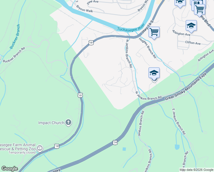 map of restaurants, bars, coffee shops, grocery stores, and more near 280 Town Mountain Road in Bryson City