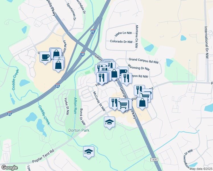 map of restaurants, bars, coffee shops, grocery stores, and more near 5393 Village Drive Northwest in Concord