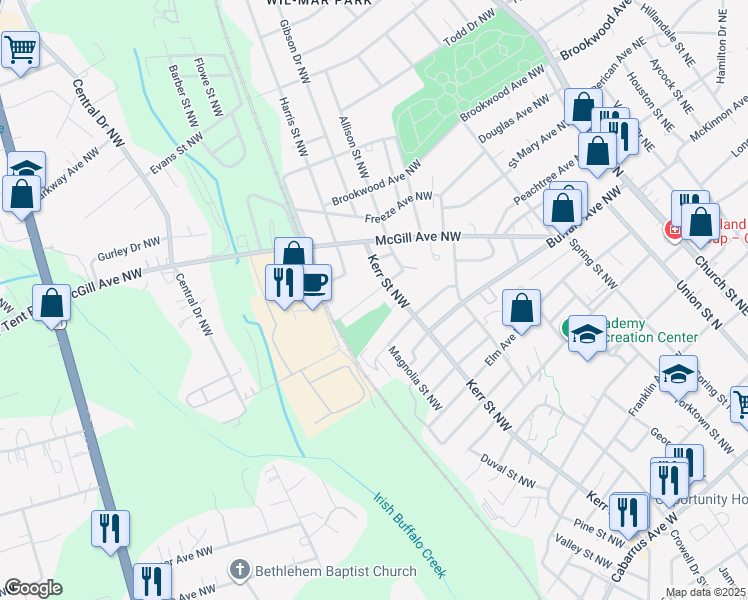 map of restaurants, bars, coffee shops, grocery stores, and more near 405 Kerr Street Northwest in Concord