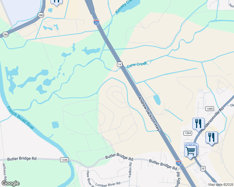 map of restaurants, bars, coffee shops, grocery stores, and more near Interstate 26 in Fletcher