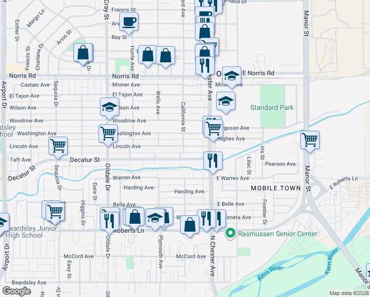 map of restaurants, bars, coffee shops, grocery stores, and more near 202 Lincoln Avenue in Bakersfield