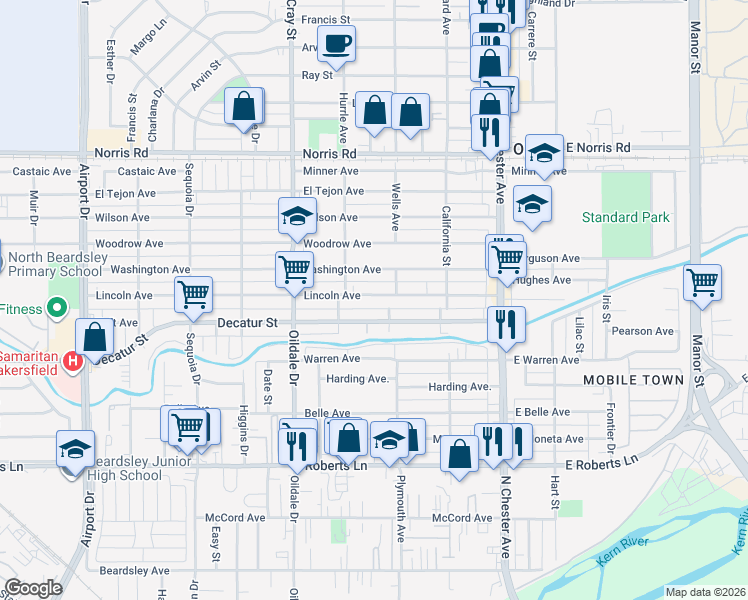 map of restaurants, bars, coffee shops, grocery stores, and more near 313 Lincoln Avenue in Bakersfield