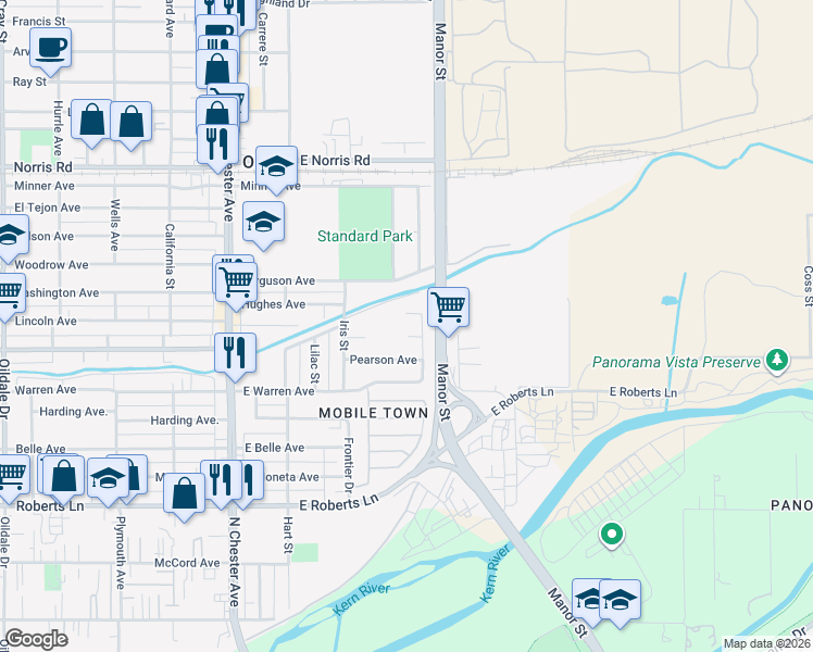 map of restaurants, bars, coffee shops, grocery stores, and more near 828 Iris Street in Bakersfield
