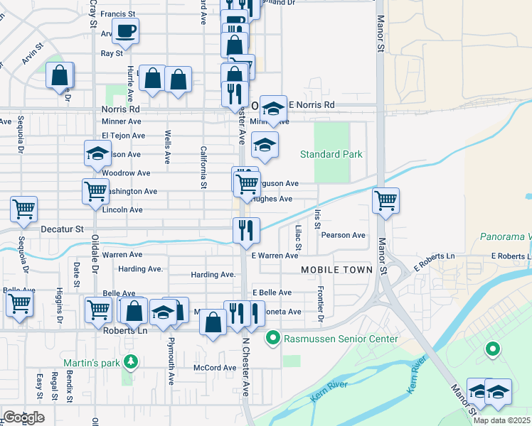 map of restaurants, bars, coffee shops, grocery stores, and more near 123 Hughes Avenue in Bakersfield